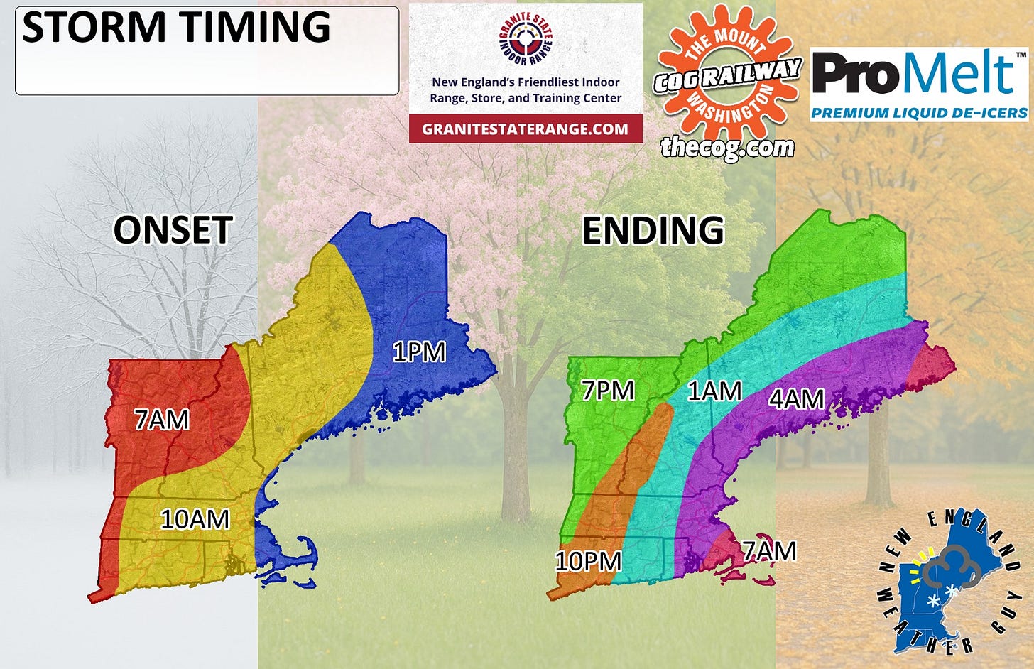 May be an image of map, tornado and text that says 'STORM TIMING New England's Friendliest Indoor Range, Store, and Training Center GRANITESTATERANGE.COM THE MOUNT GOGRAILWAY WAY ProMelt MASHINGTO PREMIUM LIQUID DE-ICERS thecog.com theco g.com ONSET อเ่ง ENDING 1PM 7AM 7PM 1AM 4AM 10AM 10PM E 7ÀM THER R S'