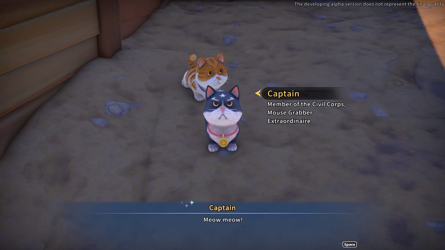 A screenshot of My Time At Sandrock, showing one of the animals you can befriend, the cat Captain, who is the Mouse Grabber Extraordinaire of the Civil Corps.