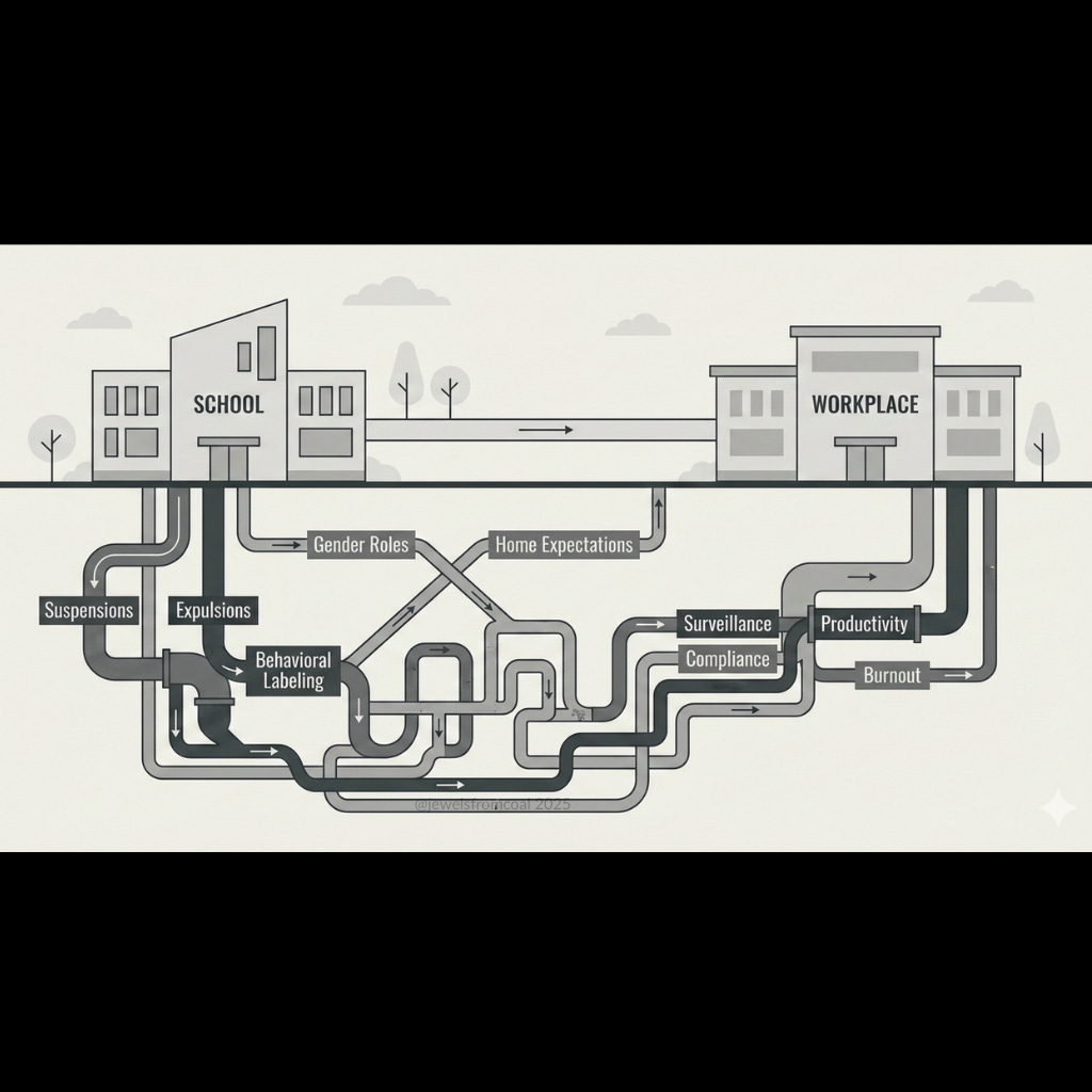 Diagram illustrating pathways from school to the workplace through suspensions, expulsions, behavioral labeling, surveillance, compliance, productivity, and burnout, with gender roles and home expectations feeding into the system.