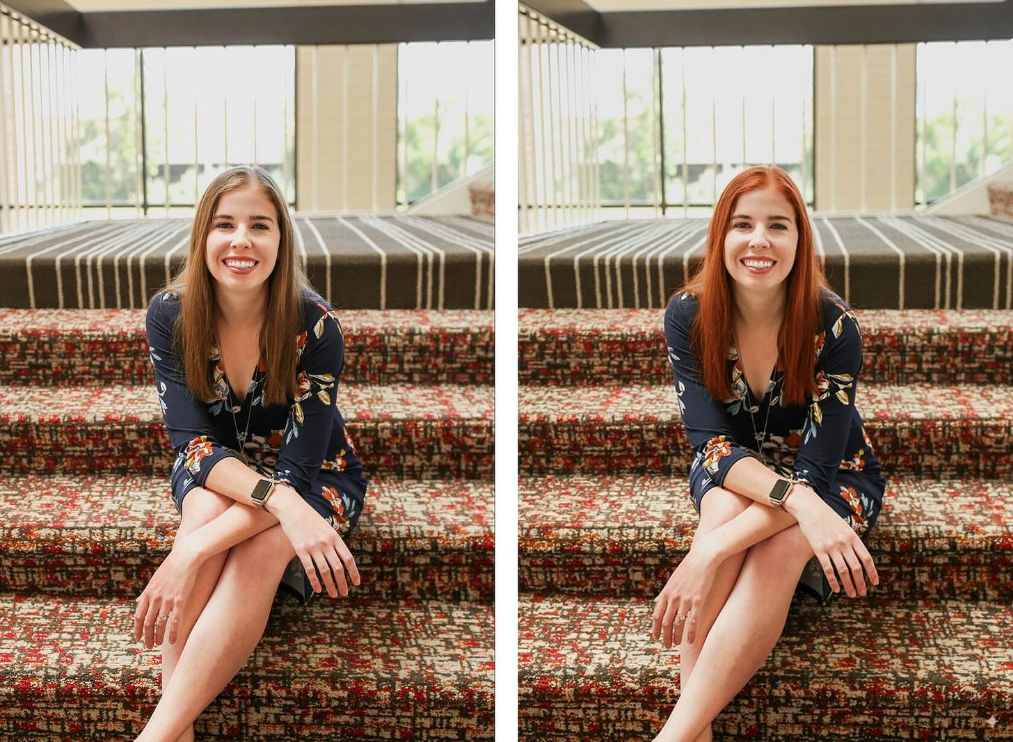 Maddy's before and after photo, changing her hair to red