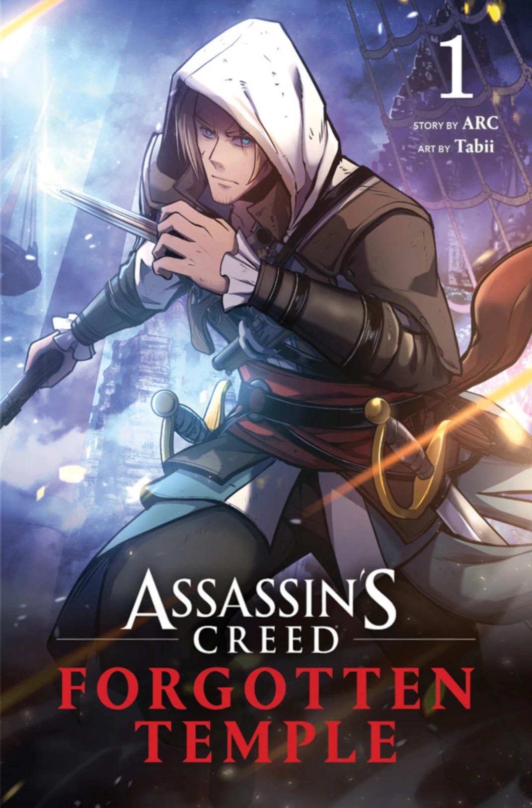 Cover of Assassin's Creed: Forgotten Temple Vol. 1, illustrated in manga style, featuring a hooded assassin crouched with a hidden blade extended. The background is a mix of ancient ruins and futuristic elements, with snowfall and glowing effects adding drama. The title appears in bold white and blue letters at the bottom, published by Mana Books. Cover of Assassin's Creed: Forgotten Temple Vol. 1, illustrated in manga style, featuring a hooded assassin crouched with a hidden blade extended. The background is a mix of ancient ruins and futuristic elements, with snowfall and glowing effects adding drama. The title appears in bold white and blue letters at the bottom, published by Mana Books.