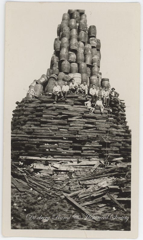 Three images of bonfires erected for the Duxbury Days celebration