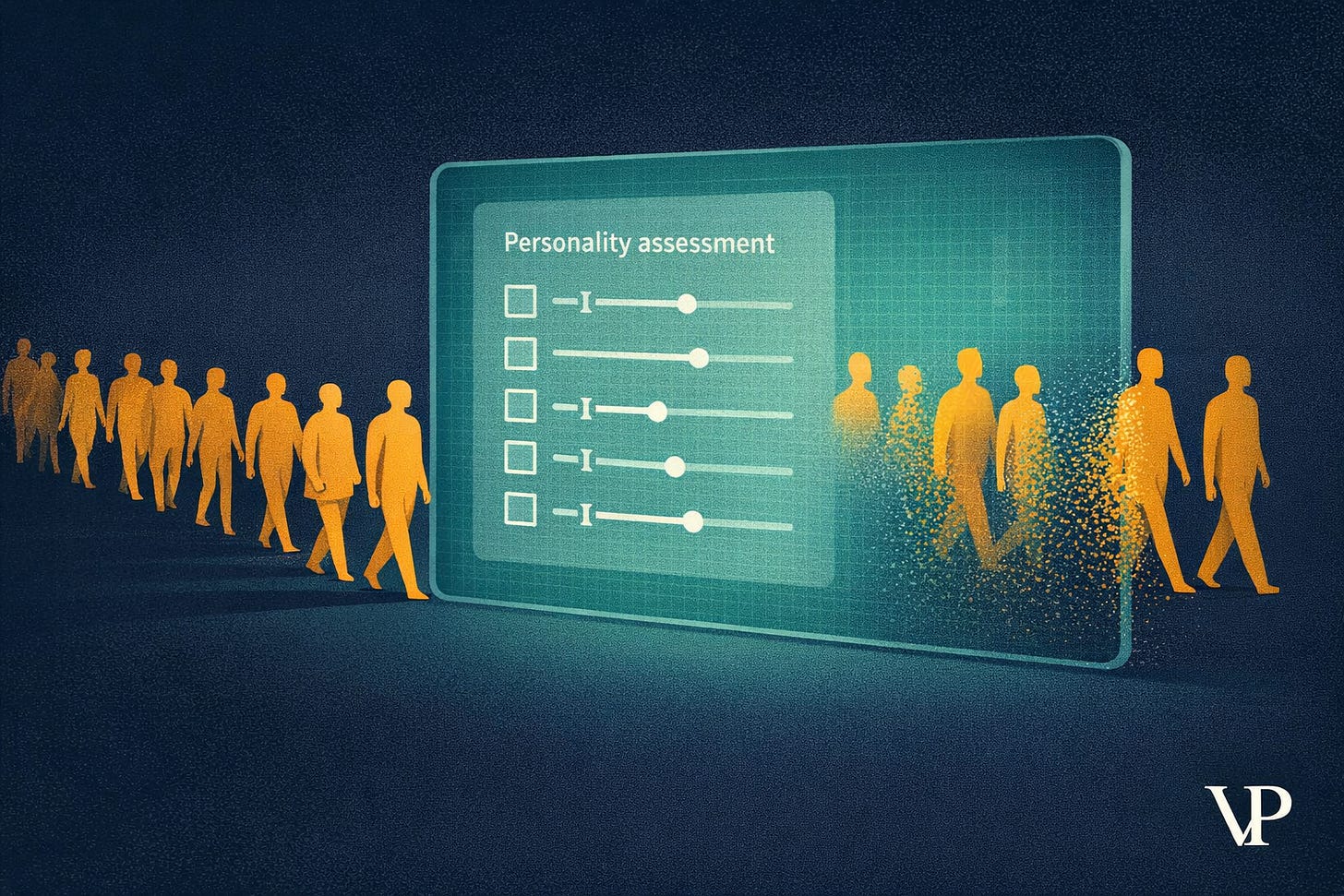 An editorial image conveying the specific concept of AI personality screening as a hidden filter against neurodivergent job candidates.