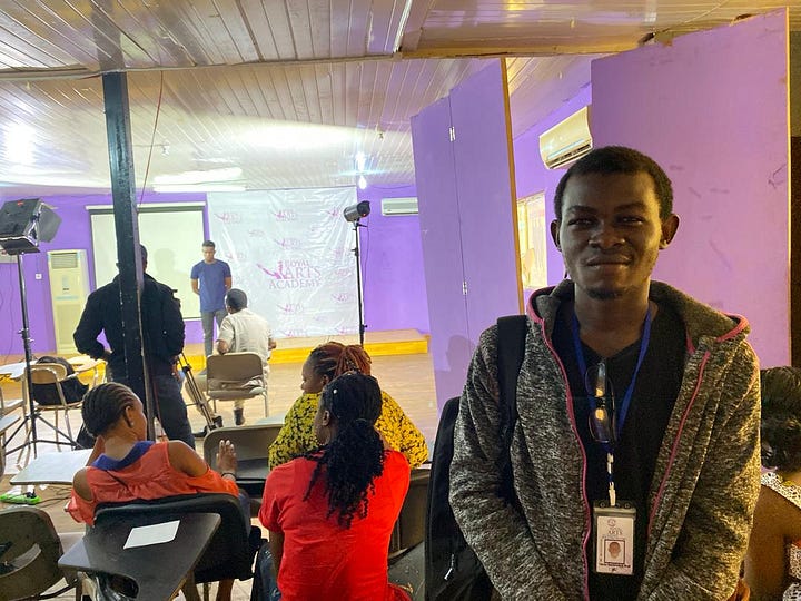 Yakubu takes a bathroom selfie and in the other, he stands in an auditorium in Media school.