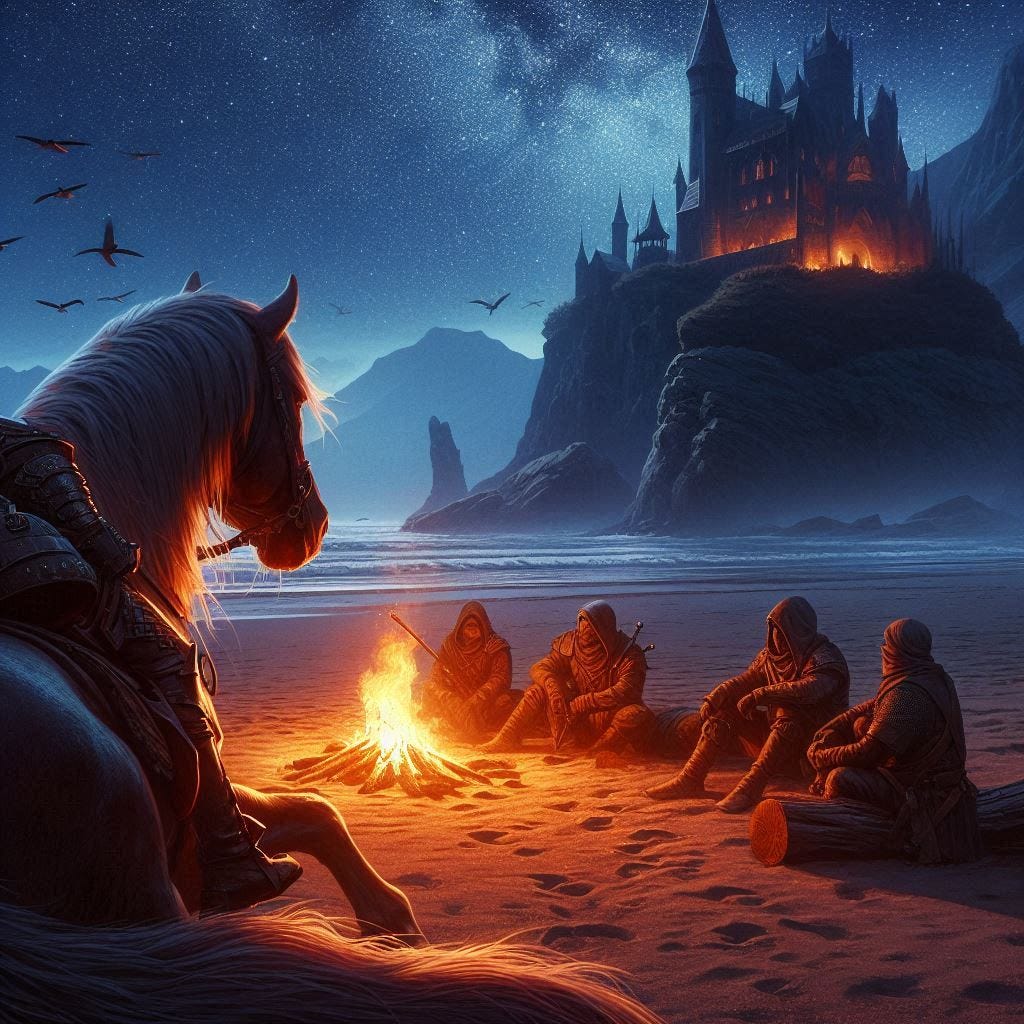 horse sitting by a fire, approached by bandits, beach, starlit night, dungeons and dragons fantasy digital art