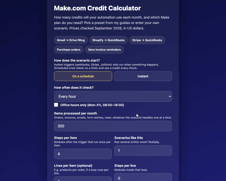 Demo: The free Make credit calculator at work