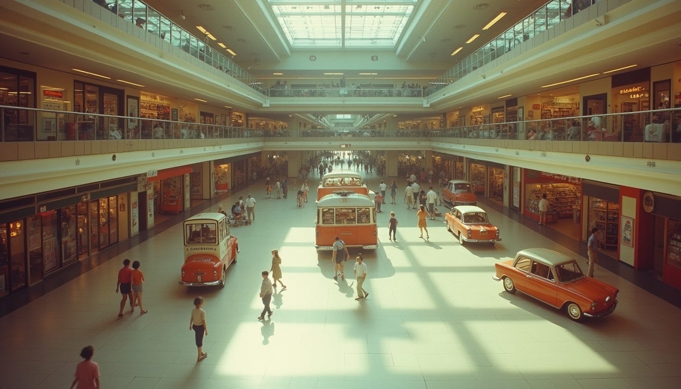 High angle view of a mid-century suburban mall interior with shoppers walking