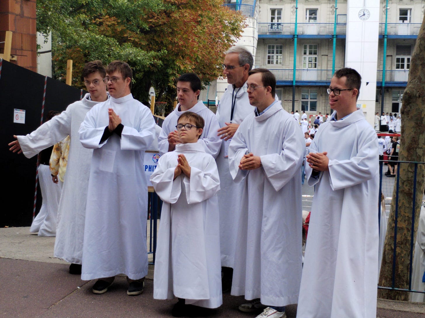 Six altar servers with Down syndrome from the Fondation Jérôme Lejeune before the Mass at the Place de la Concorde Six altar servers with Down syndrome from the Fondation Jérôme Lejeune before the Mass at the Place de la Concorde