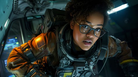 Cinematic still image of a female space marine preparing for a zero-gravity shuttle breach.