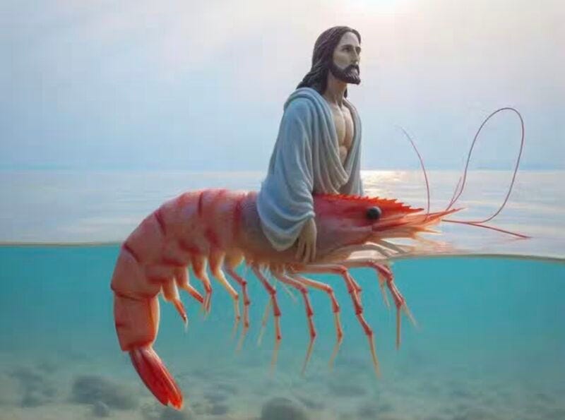 The internet is once again concerned about Shrimp Jesus. And maybe you  should be too. First...what on earth (or in the heavens) is Shrimp Jesus. “Shrimp  Jesus” is an AI-generated depiction of… |