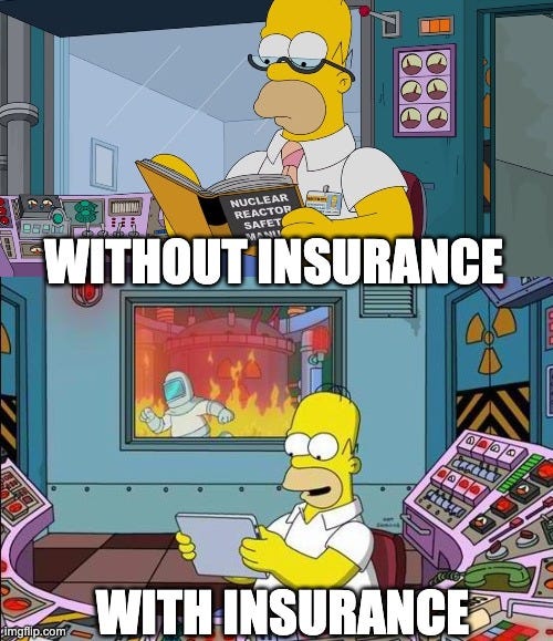 eme featuring Homer Simpson in a nuclear control room. Top panel labeled “Without Insurance” shows chaos and fire; bottom panel labeled “With Insurance” shows Homer relaxed with a tablet. Used in a deep dive on insurance and reinsurance investing to illustrate the value of financial protection, catastrophe risk management, and why aligned leadership and underwriting discipline matter in high-risk sectors. eme featuring Homer Simpson in a nuclear control room. Top panel labeled “Without Insurance” shows chaos and fire; bottom panel labeled “With Insurance” shows Homer relaxed with a tablet. Used in a deep dive on insurance and reinsurance investing to illustrate the value of financial protection, catastrophe risk management, and why aligned leadership and underwriting discipline matter in high-risk sectors.