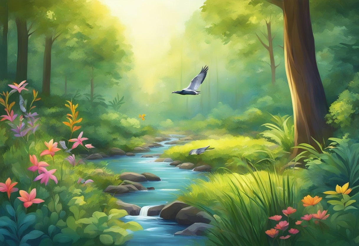 A serene forest clearing with a gentle breeze, birds chirping, and a small stream flowing through, surrounded by vibrant and diverse plant life