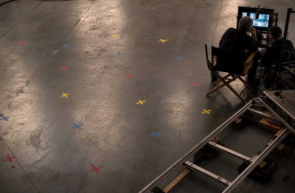 Overhead view of a film set floor marked with red, blue, and yellow gaffer-tape positions beside a camera dolly track