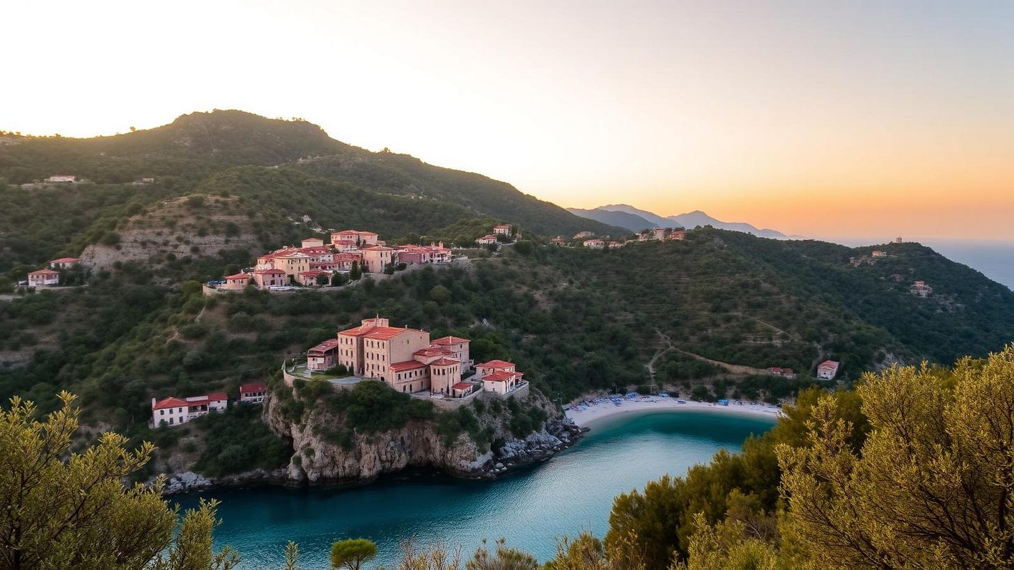 A Tramuntana mountain village above a turquoise Mallorcan cove at golden hour
