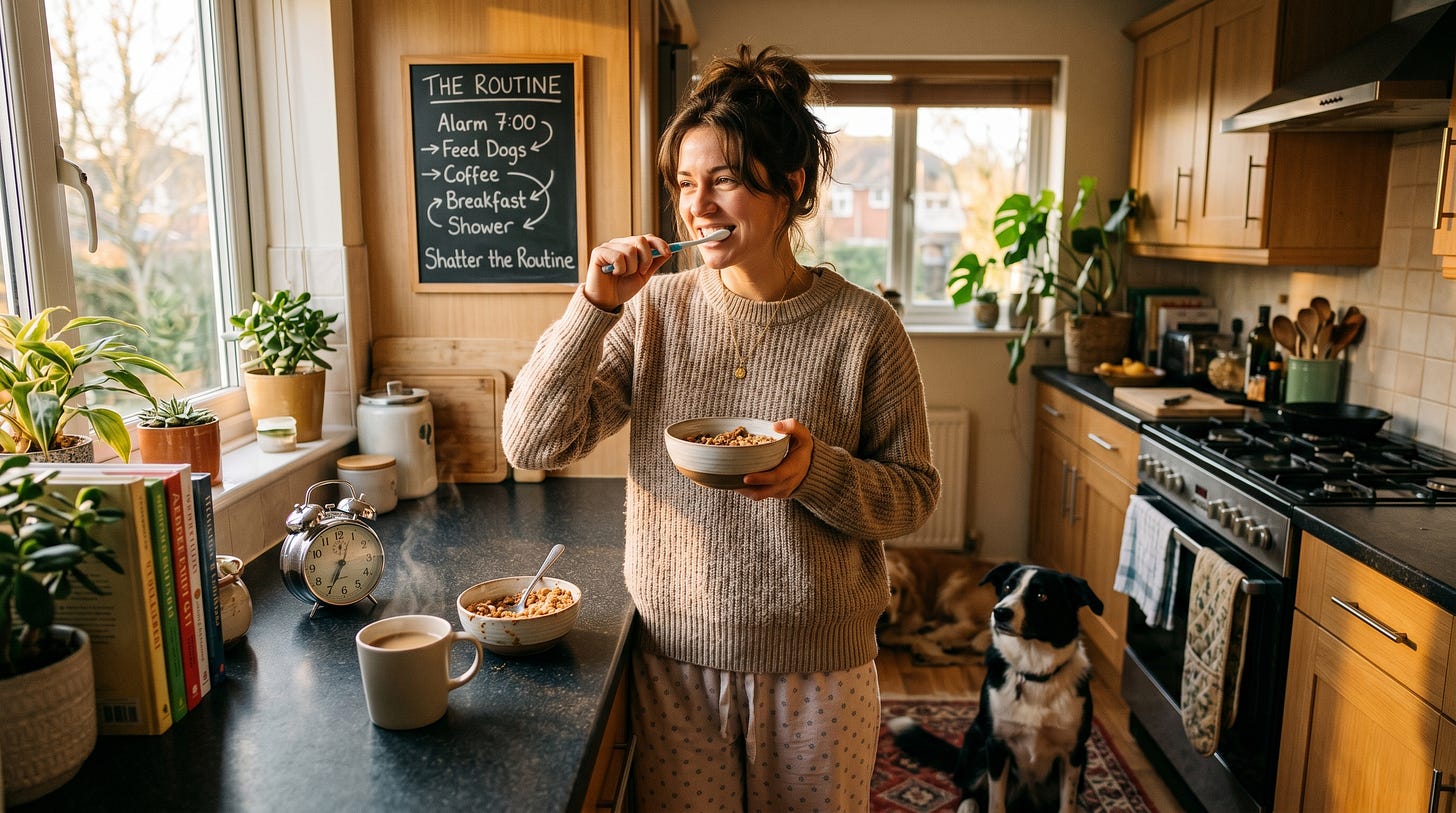 A smiling woman in pajamas standing in a sunny kitchen, brushing her teeth while holding a bowl of cereal, accompanied by a black and white dog and a chalkboard displaying a scrambled morning schedule.
