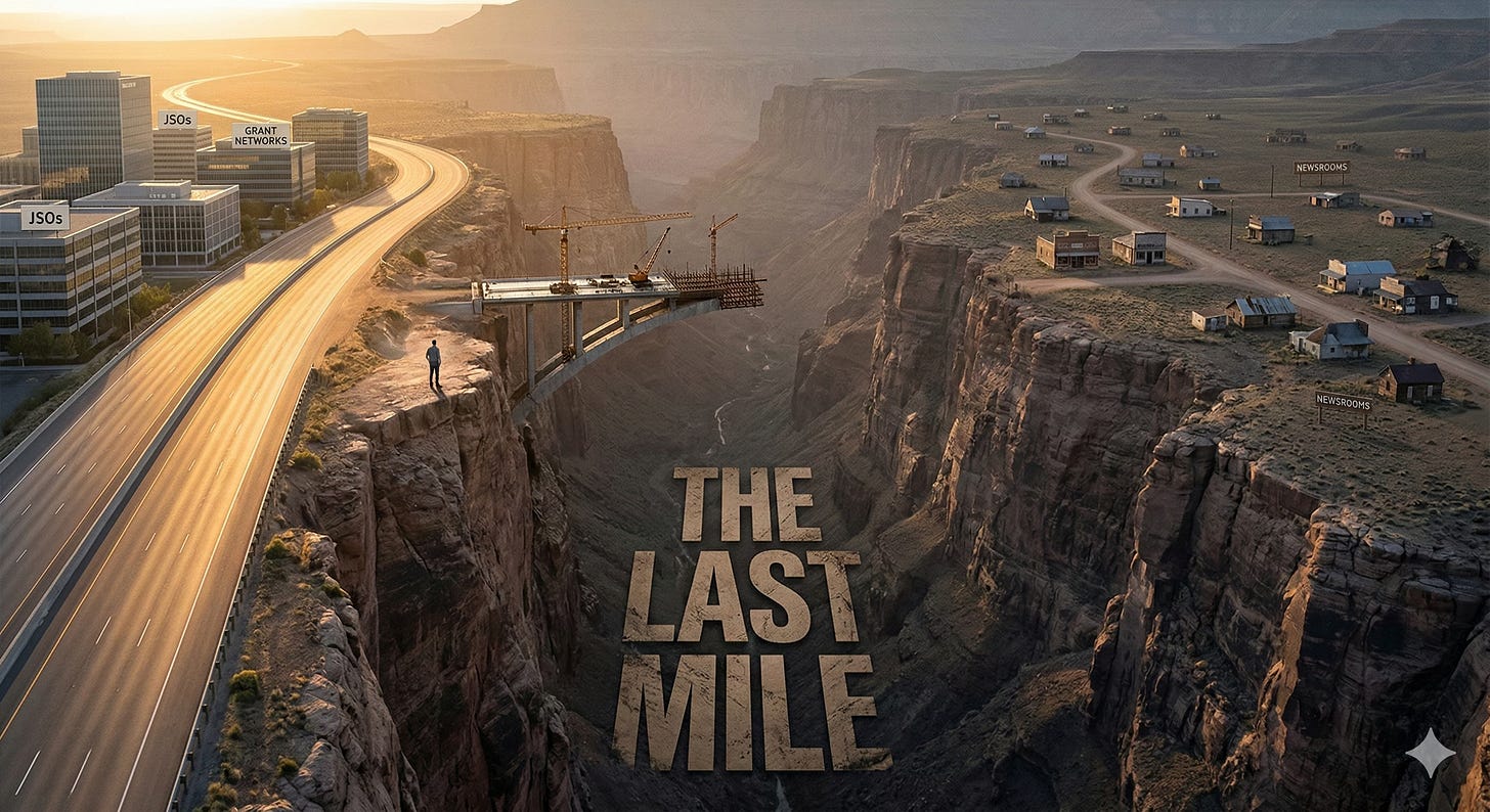 A cinematic aerial image showing a modern multi-lane highway ending abruptly at the edge of a dramatic canyon. On the left, gleaming office buildings labeled JSOs and Grant Networks line the road. A partially constructed bridge extends partway across the chasm but does not reach the other side, with construction cranes still at work. A lone figure stands at the cliff's edge looking across. On the right cliff, scattered small buildings and dirt roads represent underserved newsrooms. Bold text in the canyon reads THE LAST MILE. Golden hour light illuminates the left side while the right sits in softer, dimmer light. A cinematic aerial image showing a modern multi-lane highway ending abruptly at the edge of a dramatic canyon. On the left, gleaming office buildings labeled JSOs and Grant Networks line the road. A partially constructed bridge extends partway across the chasm but does not reach the other side, with construction cranes still at work. A lone figure stands at the cliff's edge looking across. On the right cliff, scattered small buildings and dirt roads represent underserved newsrooms. Bold text in the canyon reads THE LAST MILE. Golden hour light illuminates the left side while the right sits in softer, dimmer light.