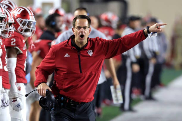 Head coach Curt Cignetti of the Indiana Hoosiers reacts during the fourth quarter against the Michigan Wolverines at Memorial Stadium on November 09,...