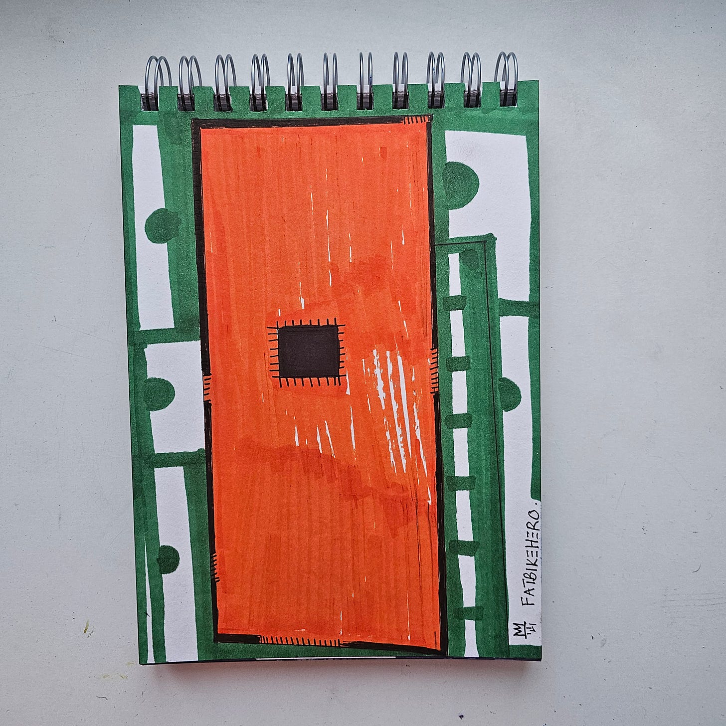 A vertical marker drawing by artist FatbikeHero titled Dystopian A.I Door. The artwork features a large, textured orange rectangular door with a small black square window in the center. The door is framed by geometric, circuit-like patterns in green ink against a white paper background. Signed by the artist with a crown symbol