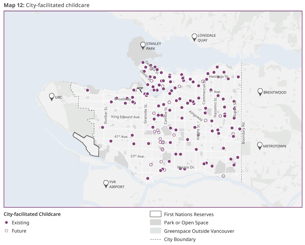 A map of the propsoed new childcare spaces in the Vancouver draft ODP