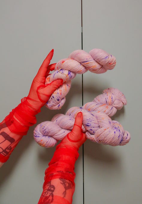 A series of images of colourful yarn with a surrealist, sci fi, and vintage aesthetic.