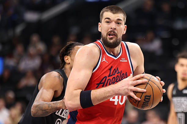 Ivica Zubac of the Los Angeles Clippers goes for a basket during the first half of their game against the Brooklyn Nets at Intuit Dome on January 25,...