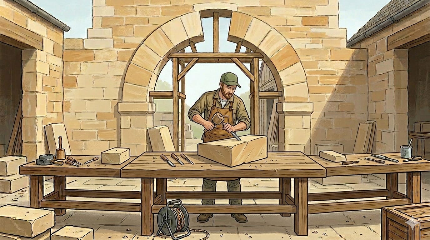 In the same courtyard, a single stonemason works on a keystone, his back to the arch and with no reference or plan.