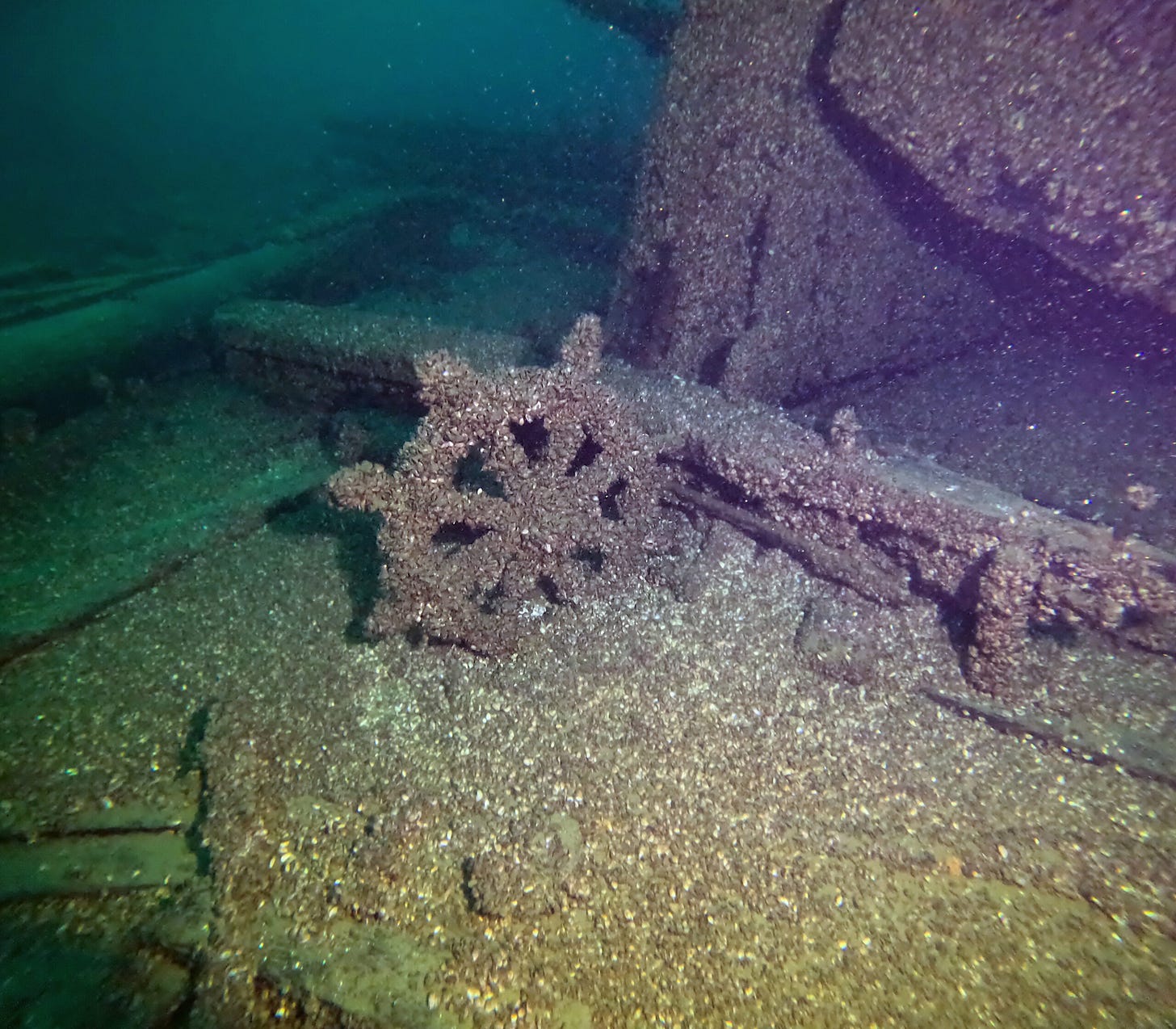 Underwater view of a shipwreck with a rusted, barnacle-covered steering wheel and surrounding debris on the ocean floor.