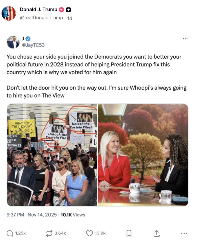 You chose your side you joined the Democrats you want to better your future in 2028 instead of helping Trump fix this country which is why we voted for him again. Don’t let the door hit you on the way out. I’m sure Whoopi’s always going to hire you on The View. You chose your side you joined the Democrats you want to better your future in 2028 instead of helping Trump fix this country which is why we voted for him again. Don’t let the door hit you on the way out. I’m sure Whoopi’s always going to hire you on The View.