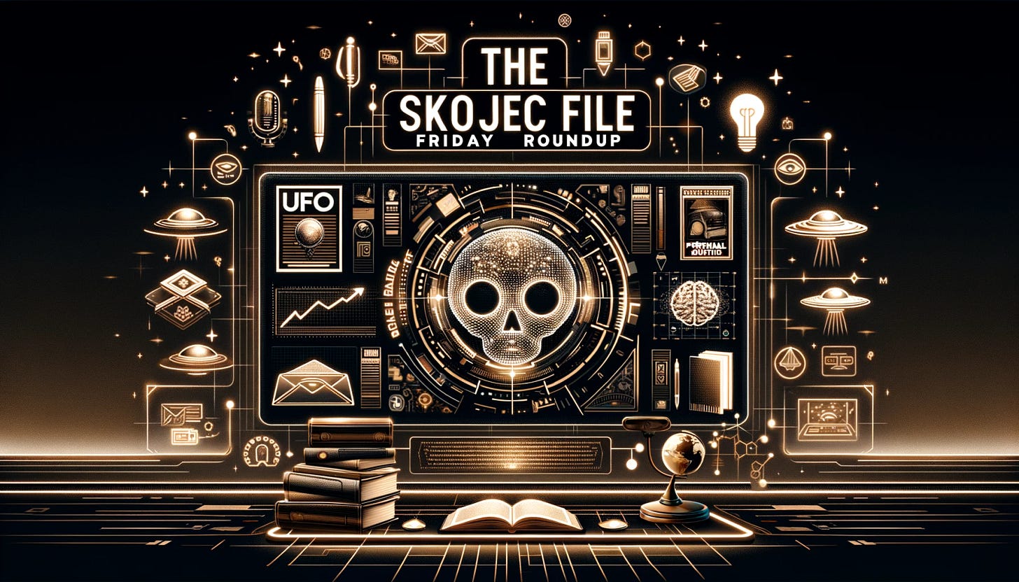 Futuristic and sleek banner for 'The Skojec File Friday Roundup', Black Friday edition. The design features a digital interface with elements representing articles, books, and videos about UFOs, writing, and personal development. The background is an abstract, tech-oriented digital space, symbolizing the digital nature of the content. Visuals include icons and imagery of UFOs, pens and notebooks for writing, and brain or lightbulb icons for personal development. The overall color scheme is modern and includes black and gold, maintaining the Black Friday theme. The text 'The Skojec File Friday Roundup' is integrated in a modern, readable font, enhancing the digital and futuristic feel of the banner.