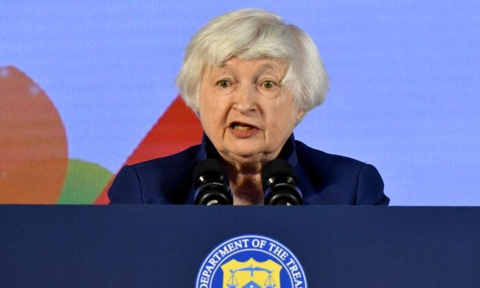 U.S. Treasury Secretary Janet Yellen speaks during a news conference as G20 finance leaders gathered on the outskirts of Bengaluru, India, on Feb. 23, 2023. (Samuel Rajkumar/Reuters) U.S. Treasury Secretary Janet Yellen speaks during a news conference as G20 finance leaders gathered on the outskirts of Bengaluru, India, on Feb. 23, 2023. (Samuel Rajkumar/Reuters)