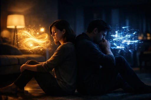 Two people in intimate setting, each with their own invisible internal screen showing different realities, depicting private rendering systems