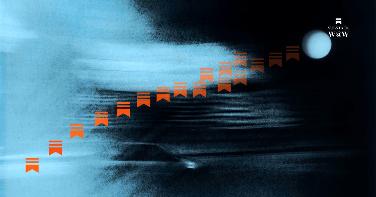A sky stream of Substack bookmarks floating through a night sky against blue clouds toward the moon A sky stream of Substack bookmarks floating through a night sky against blue clouds toward the moon