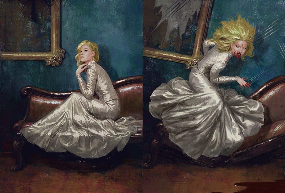 A thoughtful portrait of a young blonde woman on the left, transformed into a bloodthirsty creature on the right.