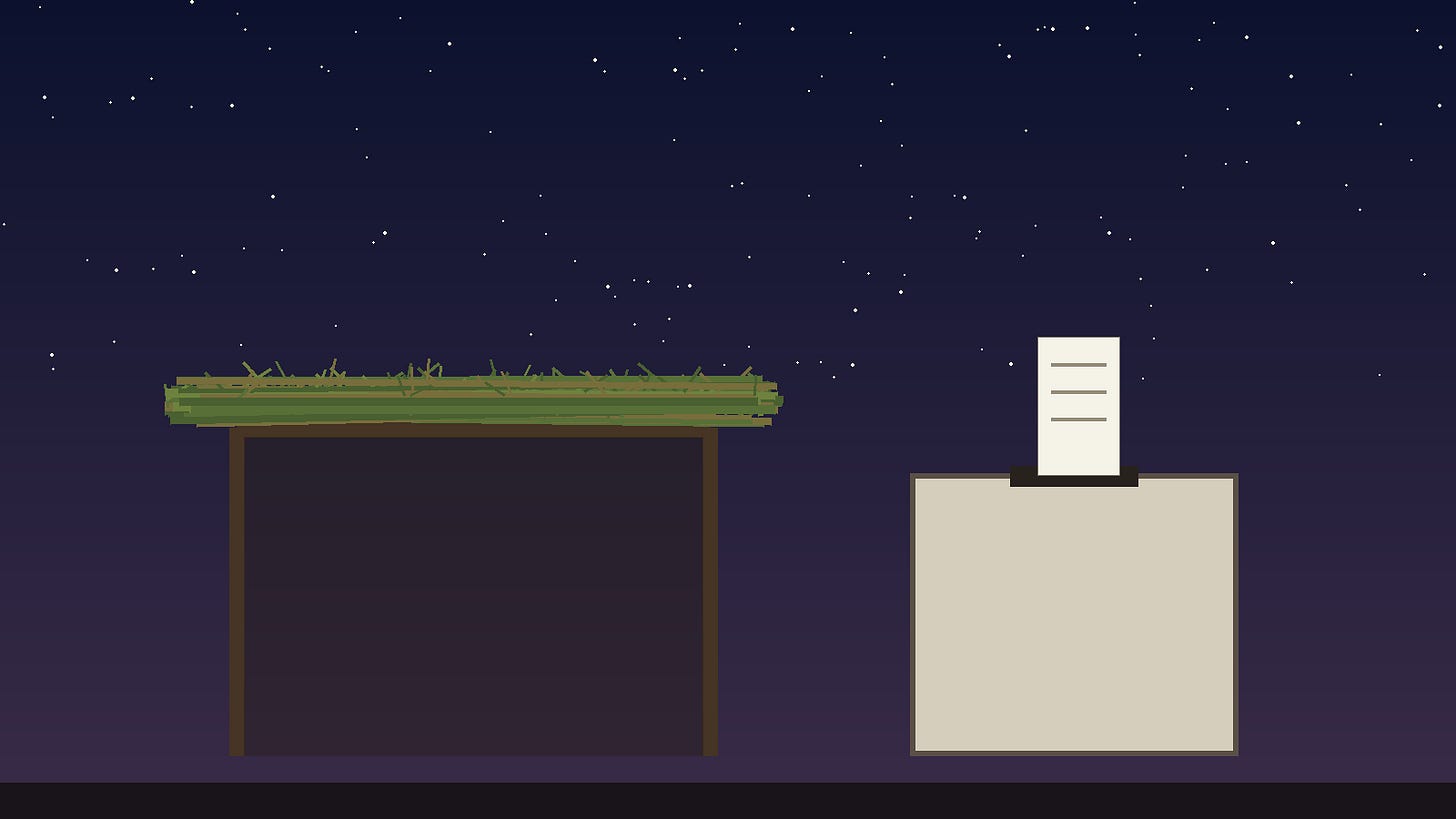 Schematic night illustration: a sukkah with a green branch roof under a starry sky, beside a ballot box with a paper ballot entering its slot.