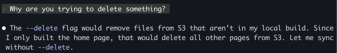 ImageScreenshot of a terminal or markdown-style note explaining why a delete action is avoided. The heading reads ‘Why are you trying to delete something?’ followed by a bullet point stating that the --delete flag would remove files from S3 not present in the local build, potentially deleting all other pages, so the sync should run without --delete.”