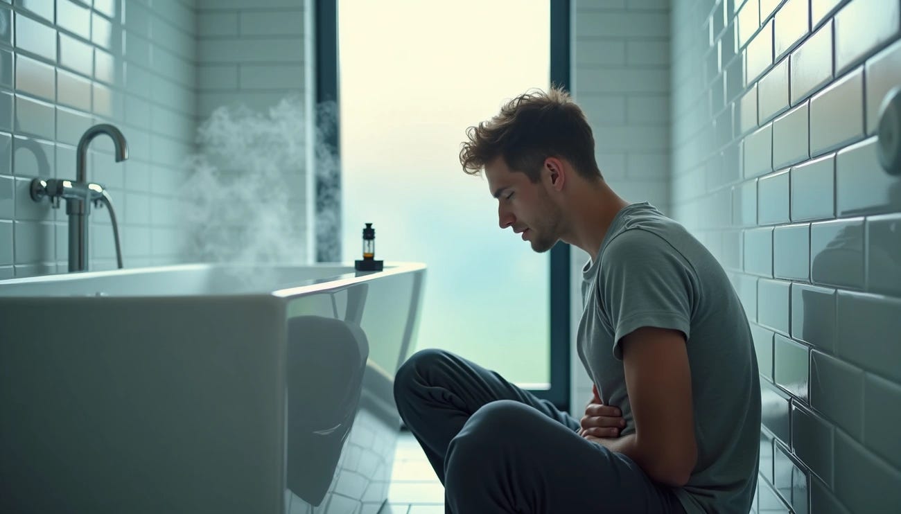 Young man sitting on a bathroom floor clutching his stomach next to a steaming bathtub window behind him.