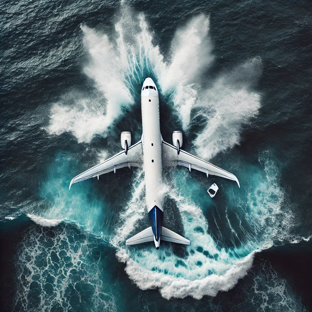 Aerial view of a plane crash landing into the sea. The scene is captured from above, showing the moment of impact with the plane hitting the water. Waves are splashing high around the plane, which is partially submerged. The sea is a deep blue, with the plane's sleek design contrasting against it. The scene is dramatic and intense, capturing the chaos and force of the crash landing.