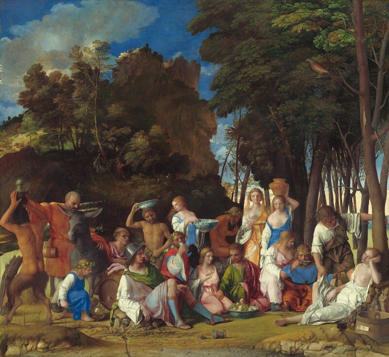 Six women, eight men, two satyrs, and one child gather in pairs and trios in a loose row that spans the width of this nearly square painting. They are set within a landscape with craggy rocks, cliffs, and trees. Most of the people face us, and the men, women, and child have pale skin. The two satyrs have men’s torsos and furry goat’s legs, and they have darker, olive complexions. Most of the men wear voluminous, knee-length togas wrapped in short robes in shades of white, topaz blue, grass green, coral orange, or rose pink. Most of the women wear long, dress-like garments in tones of shell pink, apricot orange, or lapis blue over white sleeves. For all but one woman, their garments have fallen off one shoulder to reveal a round, firm breast. Several objects are strewn on the rocky, dirt ground in front of the group, including a wide, wooden bucket with a piece of paper affixed to its front to our right, a glass goblet, a pitchfork, a large blue and white ceramic dish filled with grapes and small yellow fruits, and an overturned cup near the center. Cliff-like, craggy rocks rise steeply behind the group to our left, filling much of the sky opposite a tall grove of leafy, dark green trees to our right. A few puffy white clouds float across the vivid blue sky. The slip of paper on the barrel has been inscribed, “joannes bellinus venetus p MDXIIII.” Six women, eight men, two satyrs, and one child gather in pairs and trios in a loose row that spans the width of this nearly square painting. They are set within a landscape with craggy rocks, cliffs, and trees. Most of the people face us, and the men, women, and child have pale skin. The two satyrs have men’s torsos and furry goat’s legs, and they have darker, olive complexions. Most of the men wear voluminous, knee-length togas wrapped in short robes in shades of white, topaz blue, grass green, coral orange, or rose pink. Most of the women wear long, dress-like garments in tones of shell pink, apricot orange, or lapis blue over white sleeves. For all but one woman, their garments have fallen off one shoulder to reveal a round, firm breast. Several objects are strewn on the rocky, dirt ground in front of the group, including a wide, wooden bucket with a piece of paper affixed to its front to our right, a glass goblet, a pitchfork, a large blue and white ceramic dish filled with grapes and small yellow fruits, and an overturned cup near the center. Cliff-like, craggy rocks rise steeply behind the group to our left, filling much of the sky opposite a tall grove of leafy, dark green trees to our right. A few puffy white clouds float across the vivid blue sky. The slip of paper on the barrel has been inscribed, “joannes bellinus venetus p MDXIIII.”