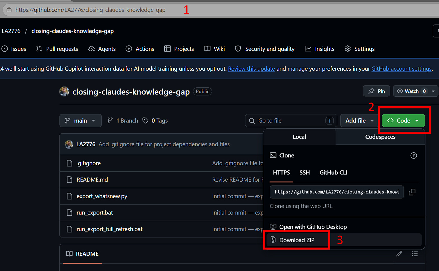 Screenshot of the GitHub repository page for "closing-claudes-knowledge-gap" by LA2776, with three red-numbered annotations highlighting the steps to download the repo as a ZIP file: 1 marks the repository URL in the browser address bar, 2 marks the green Code dropdown button, and 3 marks the Download ZIP option within the dropdown menu.