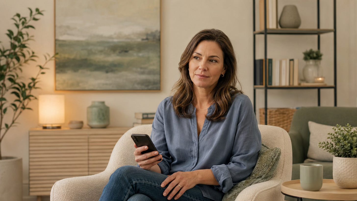 Woman quietly processing kind feedback on her phone in a calm professional setting.