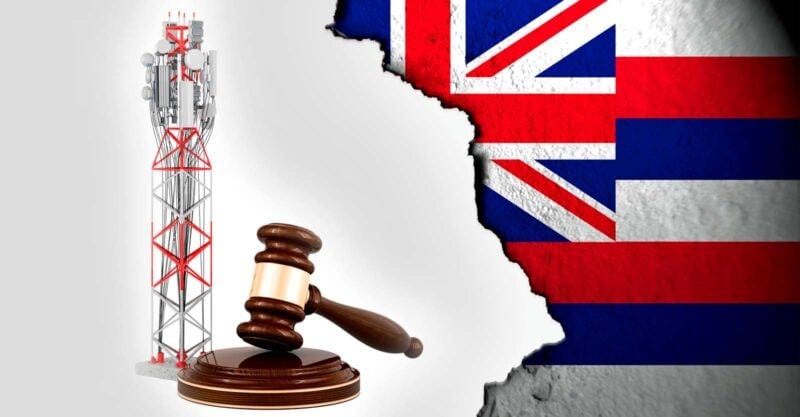 cell tower, gavel and hawaii flag