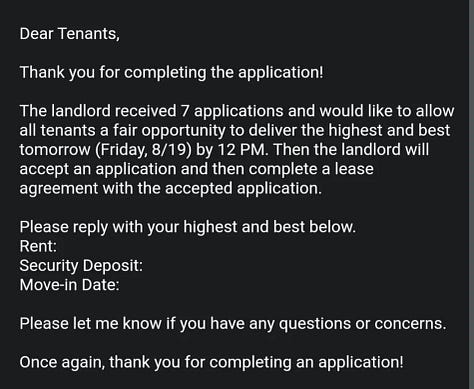 Images that capture supply and demand: prospective homebuyers lined outside an open house, my own inbox flooded with queries after listing a sublet, a letter from a landlord asking 7 interested tenants to raise their offers.