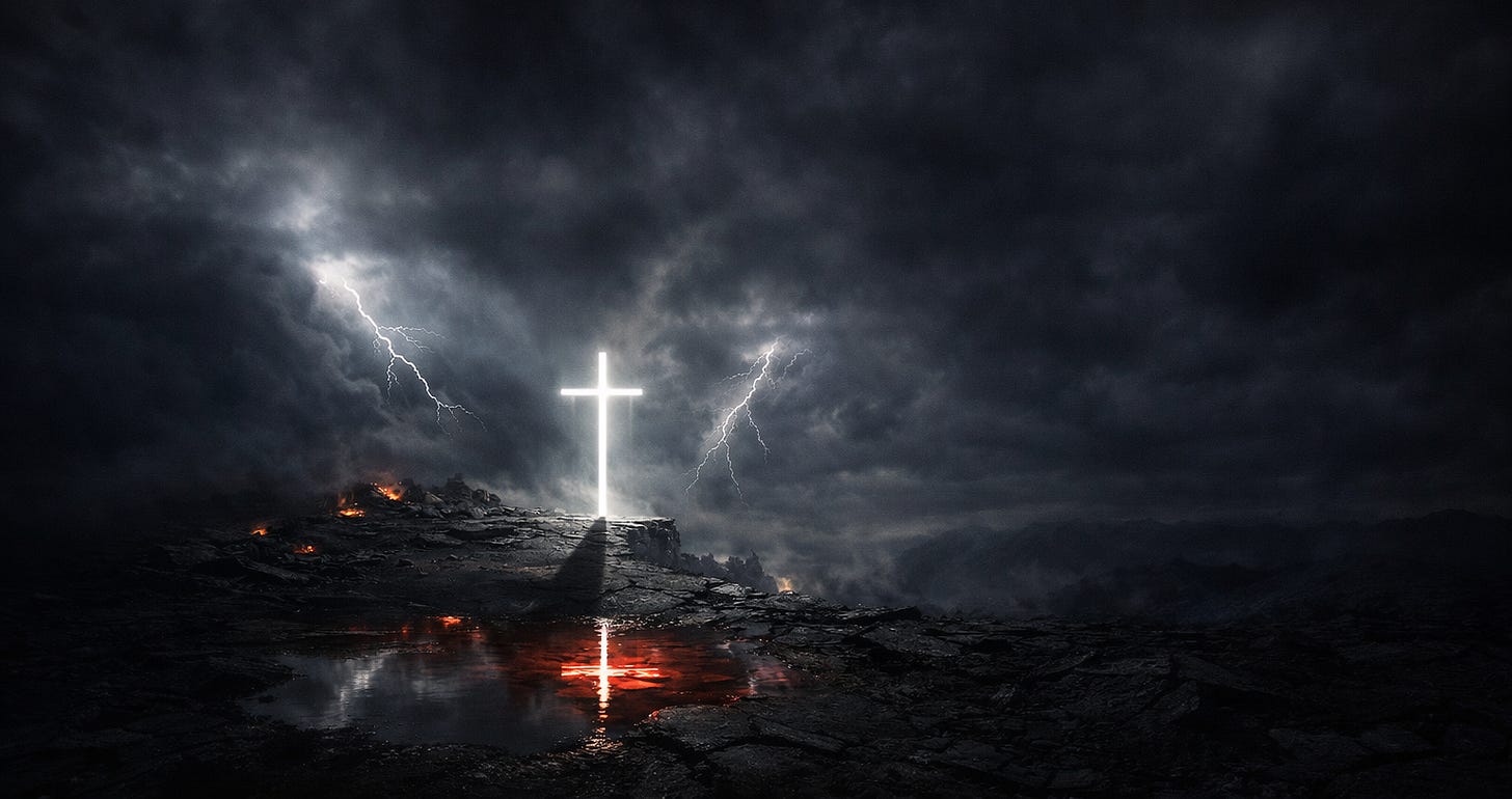 distant storm-lit glowing cross in vast cracked landscape, tiny in frame, huge empty stormy sky and ground, cinematic ultra-wide 5:2