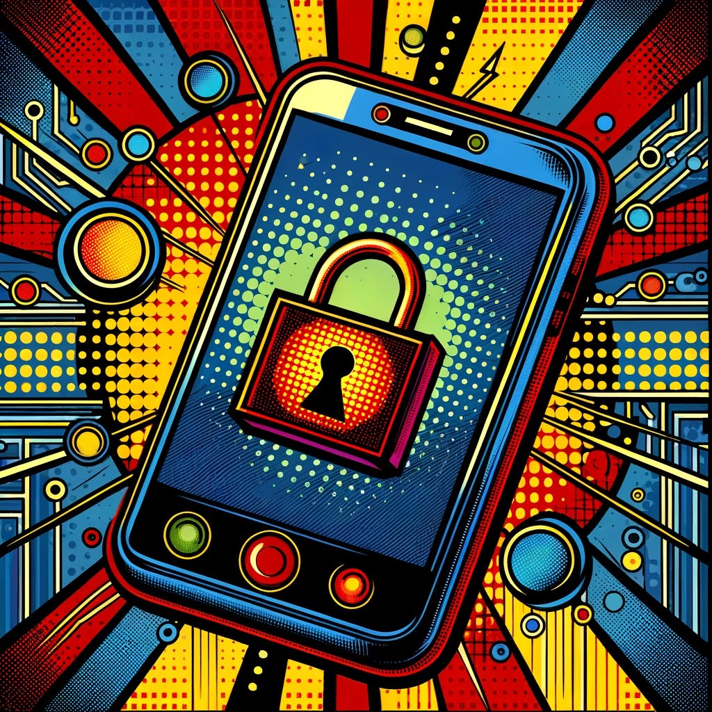 A vibrant pop art-style illustration of a generic smartphone, symbolizing encryption and digital security. The phone is depicted with bold black outlines, halftone dots, and a bright color palette featuring primary colors (red, yellow, and blue). A glowing lock icon is displayed on the screen, representing data protection. The background consists of abstract patterns resembling digital code, circuit board elements, and radiating comic book-style action lines to enhance the dynamic effect. The composition blends classic pop art aesthetics with modern technology themes.