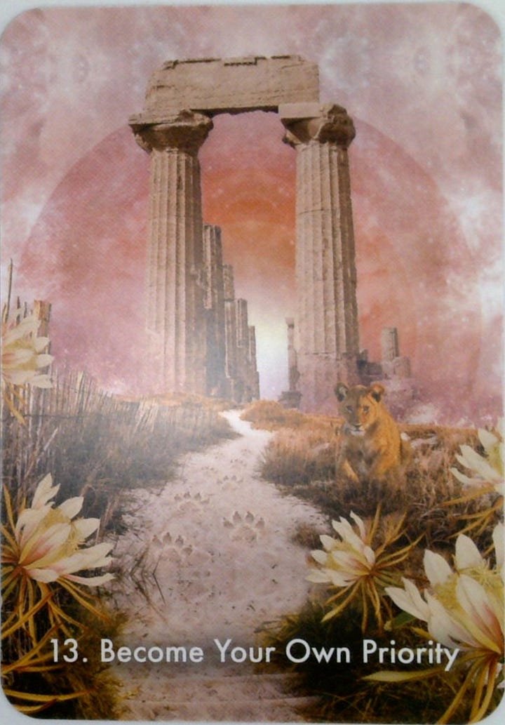 The Ace of Wands tarot card and the Become Your Own Priority oracle card.