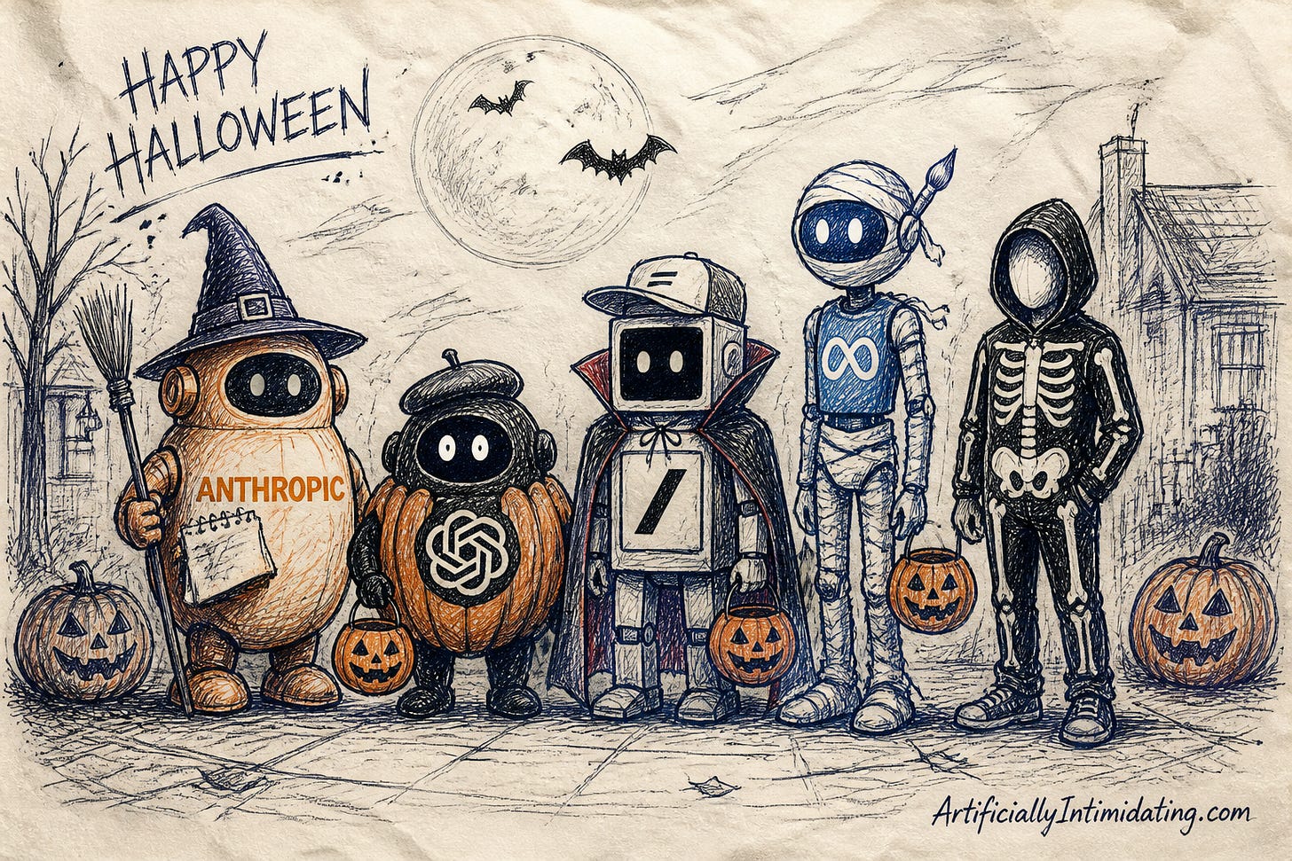 Halloween group portrait of recurring AI bots in costumes: a witch, a pumpkin, a vampire, a mummy and a skeleton, holding trick-or-treat buckets. Halloween group portrait of recurring AI bots in costumes: a witch, a pumpkin, a vampire, a mummy and a skeleton, holding trick-or-treat buckets.