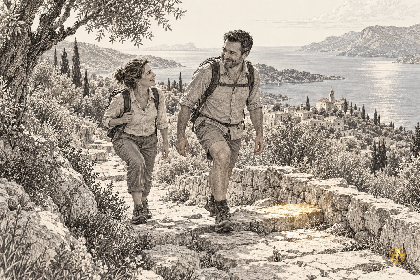 An adult carrying a daypack steps up a stone path beside a companion, illustrating physical preparation for shared experiences.