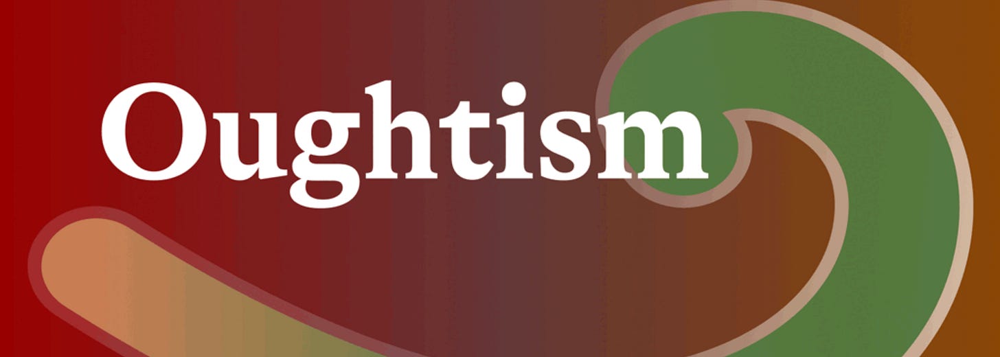 The word autism is spelled with a homonym. O U G H T I S M. Like you ought to have image descriptions. The background is a red-brown gradient with a horizontal green swoosh. The word autism is spelled with a homonym. O U G H T I S M. Like you ought to have image descriptions. The background is a red-brown gradient with a horizontal green swoosh.