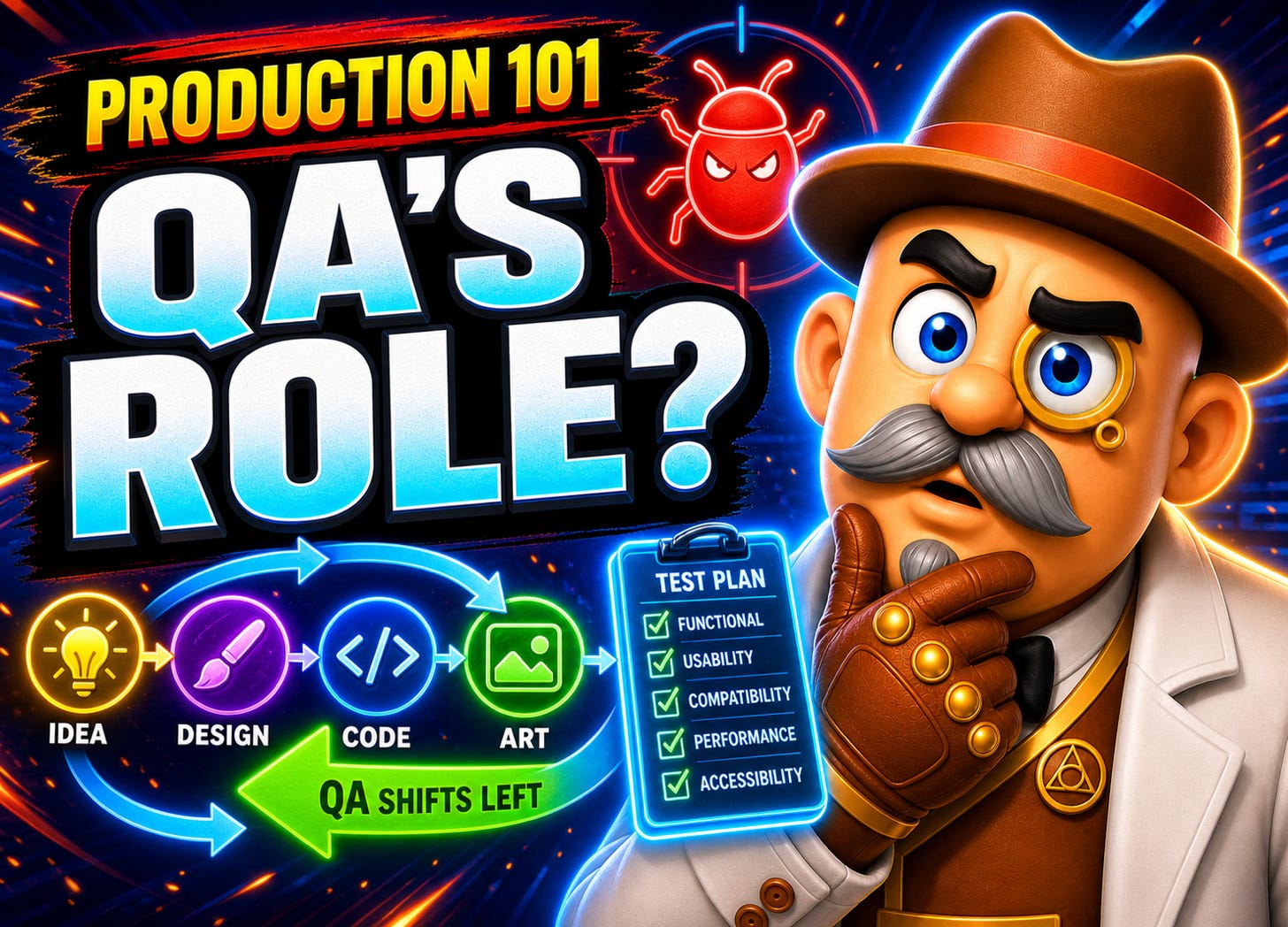 QA role thumbnail showing bug icon, shift-left arrow, test checklist, and game production workflow connection. QA role thumbnail showing bug icon, shift-left arrow, test checklist, and game production workflow connection.