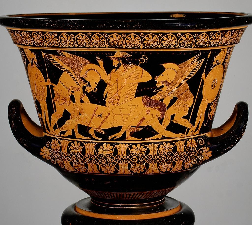 Sarpedon’s body carried by Hypnos and Thanatos (Sleep and Death), while Hermes watches. Side A of the so-called “Euphronios krater”, Attic red-figured calyx-krater signed by Euxitheos (potter) and Euphronios (painter), ca. 515 BC. Sarpedon’s body carried by Hypnos and Thanatos (Sleep and Death), while Hermes watches. Side A of the so-called “Euphronios krater”, Attic red-figured calyx-krater signed by Euxitheos (potter) and Euphronios (painter), ca. 515 BC.